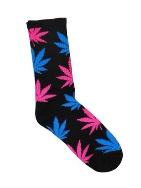 Black Huff Socks with Pink & Blue Leaf Print